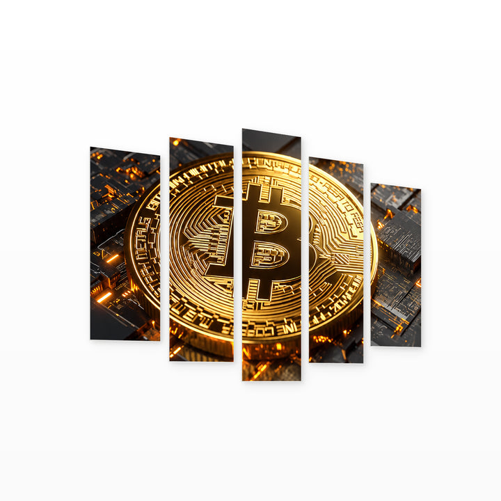 Bitcoin in the Light of Data at Night — five-panel wall art on white background in perspective | 5wallart 57813 M1