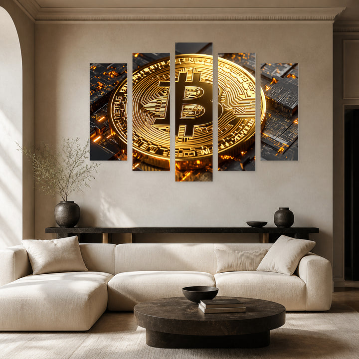 Bitcoin in the Light of Data at Night — five-panel wall art in frontal interior | 5wallart 57813 M3