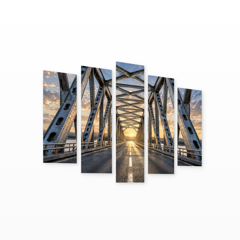 Steel Power with Geometric Rhythm — five-panel wall art on white background in perspective | 5wallart 57814 M1