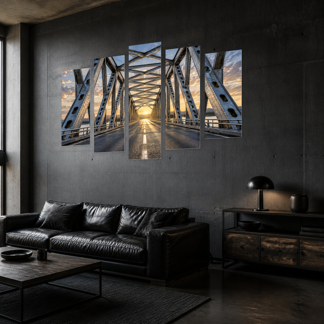 Steel Power with Geometric Rhythm — five-panel wall art in perspective interior | 5wallart 57814 M2
