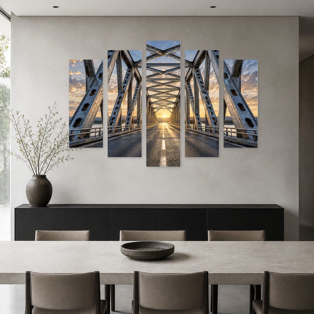 Steel Power with Geometric Rhythm — five-panel wall art in frontal interior | 5wallart 57814 M3