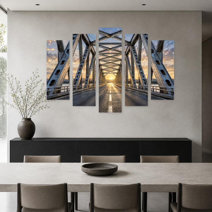 Steel Power with Geometric Rhythm — five-panel wall art in frontal interior | 5wallart 57814 M3