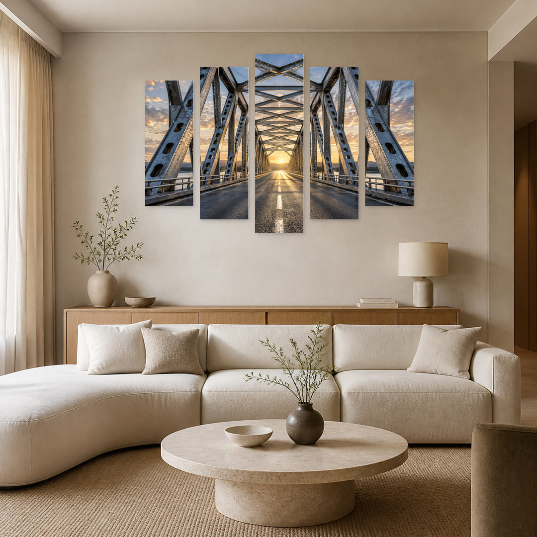 Steel Power with Geometric Rhythm — five-panel wall art in alternate frontal interior | 5wallart 57814 M4