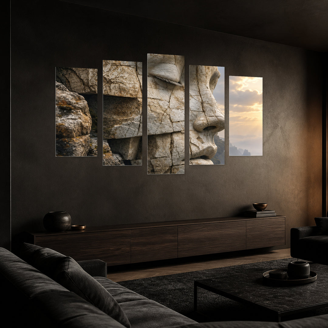 Faces of the Ancient Earth Modern Composition — five-panel wall art in perspective interior | 5wallart 57817 M2