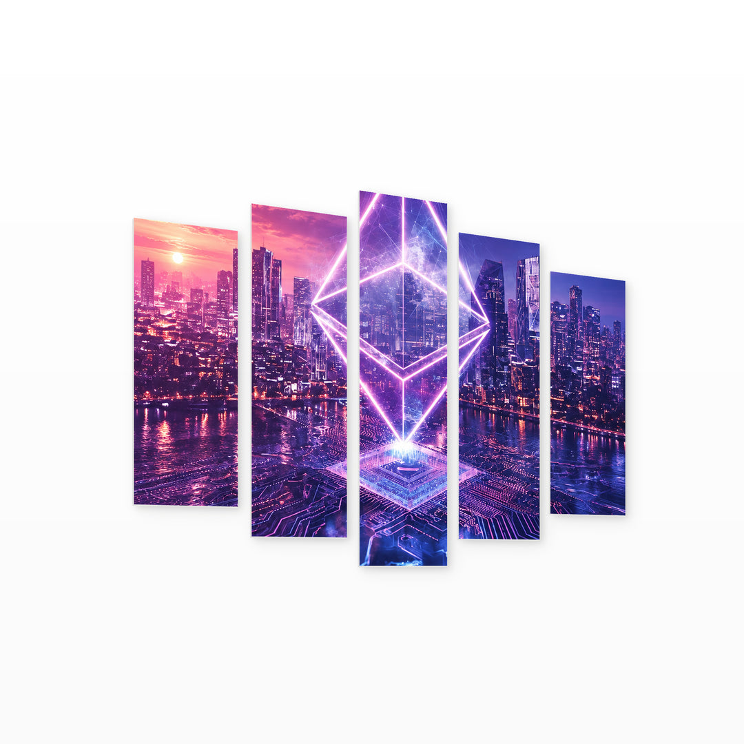 Ethereum over the Metropolis in Serene Light — five-panel wall art on white background in perspective | 5wallart 57818 M1