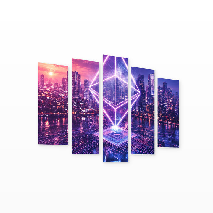 Ethereum over the Metropolis in Serene Light — five-panel wall art on white background in perspective | 5wallart 57818 M1