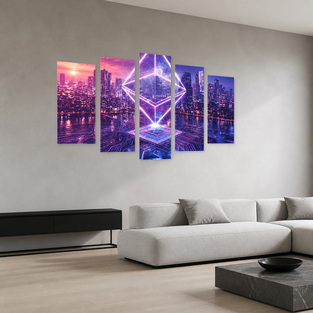 Ethereum over the Metropolis in Serene Light — five-panel wall art in perspective interior | 5wallart 57818 M2