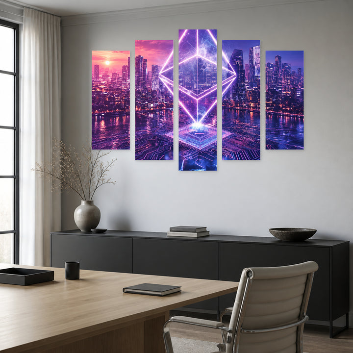 Ethereum over the Metropolis in Serene Light — five-panel wall art in frontal interior | 5wallart 57818 M3