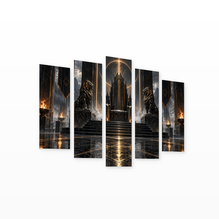 Dark Fantasy Throne with Geometric Rhythm — five-panel wall art on white background in perspective | 5wallart 57819 M1