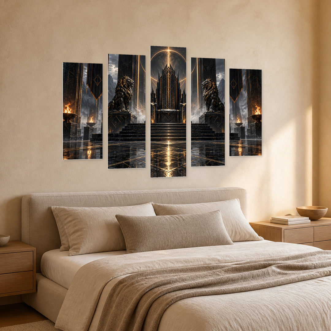 Dark Fantasy Throne with Geometric Rhythm — five-panel wall art in perspective interior | 5wallart 57819 M2