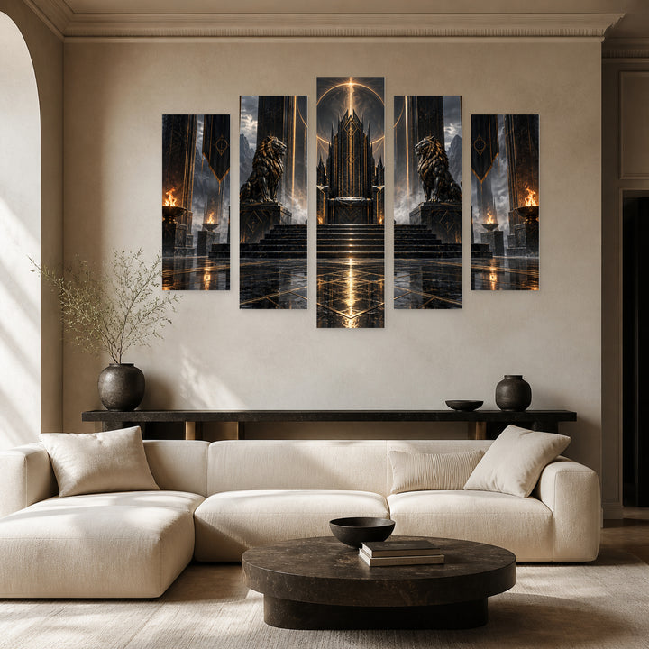 Dark Fantasy Throne with Geometric Rhythm — five-panel wall art in frontal interior | 5wallart 57819 M3