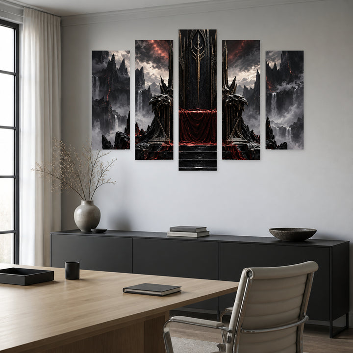 Dark Fantasy Throne with Dramatic Contrast — five-panel wall art in frontal interior | 5wallart 57820 M3