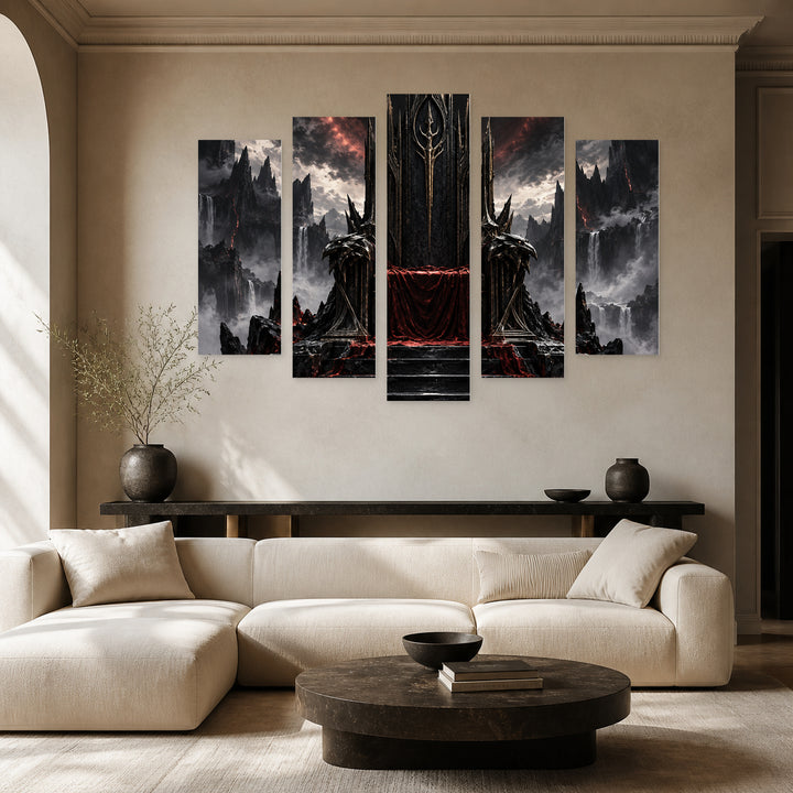 Dark Fantasy Throne with Dramatic Contrast — five-panel wall art in alternate frontal interior | 5wallart 57820 M4