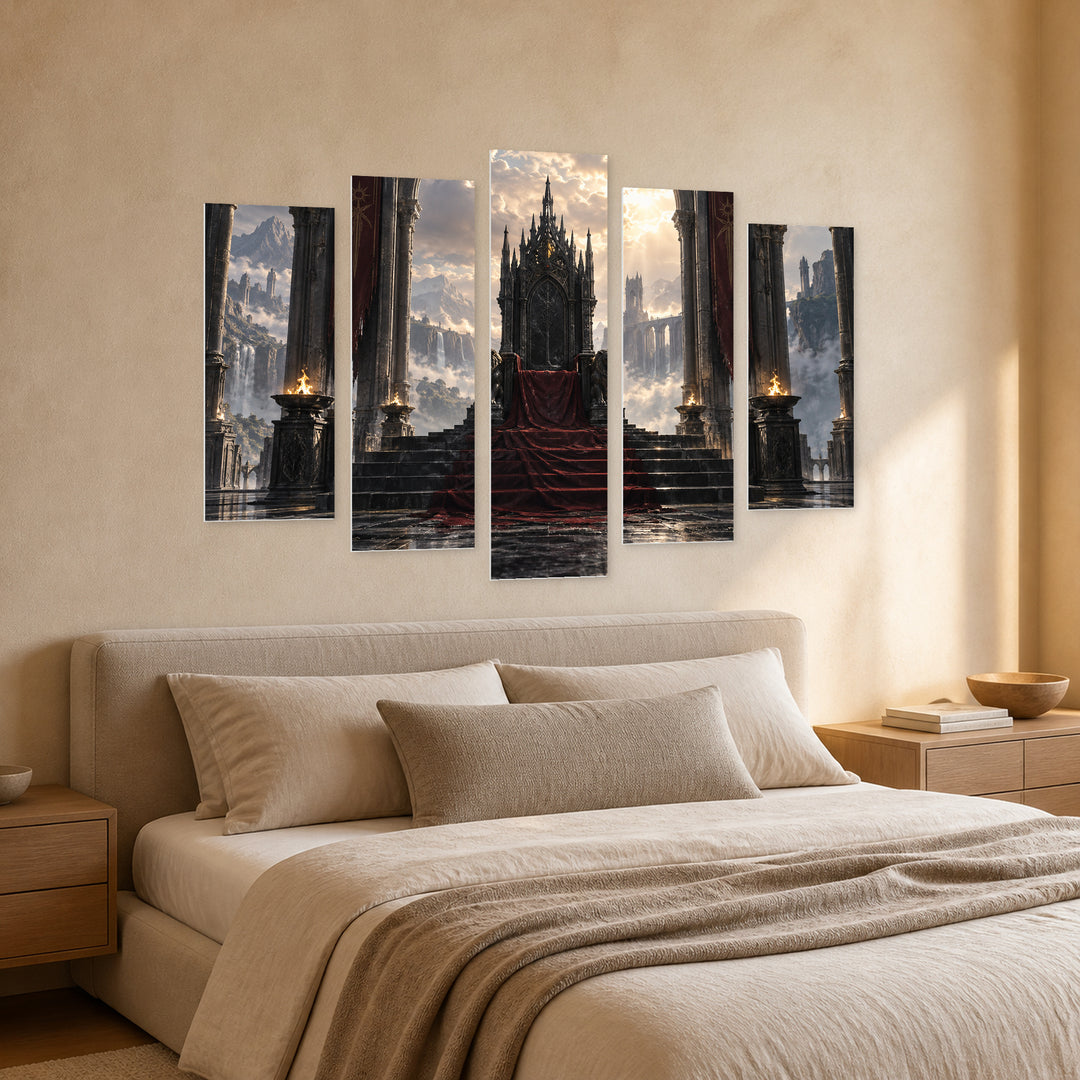 Dark Fantasy Throne in Serene Light — five-panel wall art in perspective interior | 5wallart 57821 M2