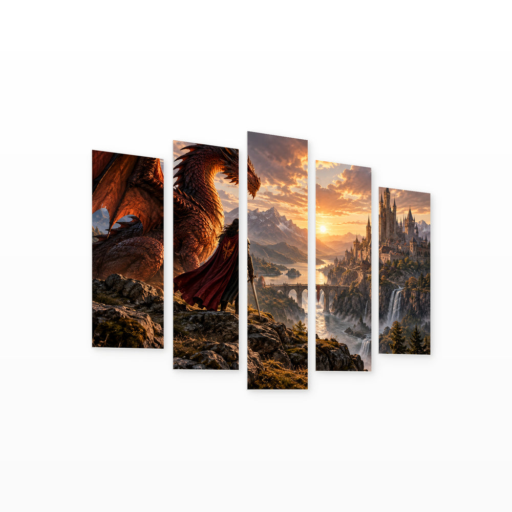 Flame and Kingdom: the Alliance of Fire — five-panel wall art on white background in perspective | 5wallart 57822 M1