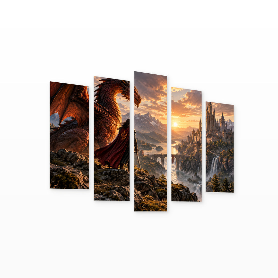 Flame and Kingdom: the Alliance of Fire — five-panel wall art on white background in perspective | 5wallart 57822 M1
