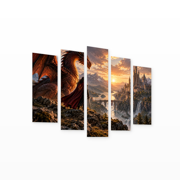 Flame and Kingdom: the Alliance of Fire — five-panel wall art on white background in perspective | 5wallart 57822 M1