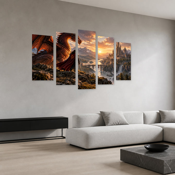 Flame and Kingdom: the Alliance of Fire — five-panel wall art in perspective interior | 5wallart 57822 M2