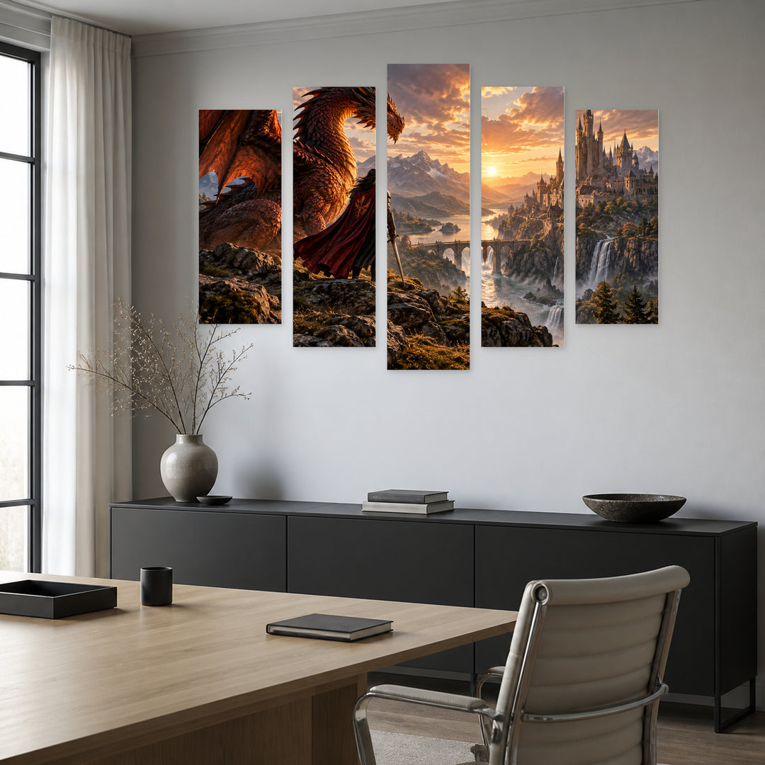 Flame and Kingdom: the Alliance of Fire — five-panel wall art in frontal interior | 5wallart 57822 M3