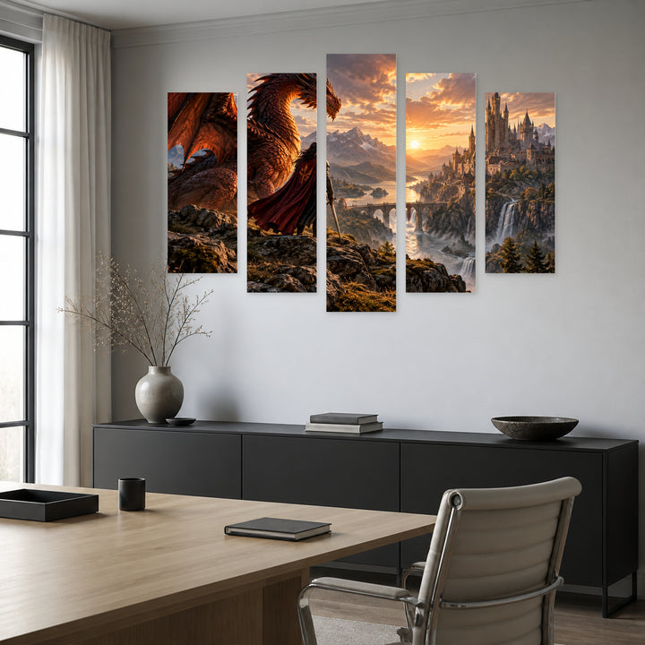 Flame and Kingdom: the Alliance of Fire — five-panel wall art in frontal interior | 5wallart 57822 M3