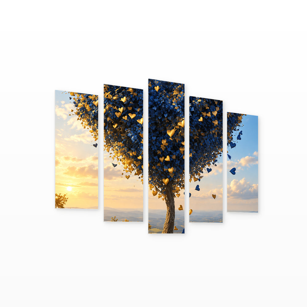 Winds of Passion in Blue and Gold — five-panel wall art on white background in perspective | 5wallart 57823 M1