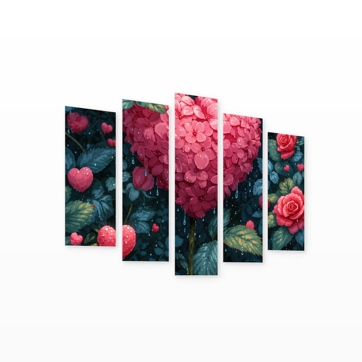 Pink Heart: a Wreath of Passion Modern Composition — five-panel wall art on white background in perspective | 5wallart 57824 M1