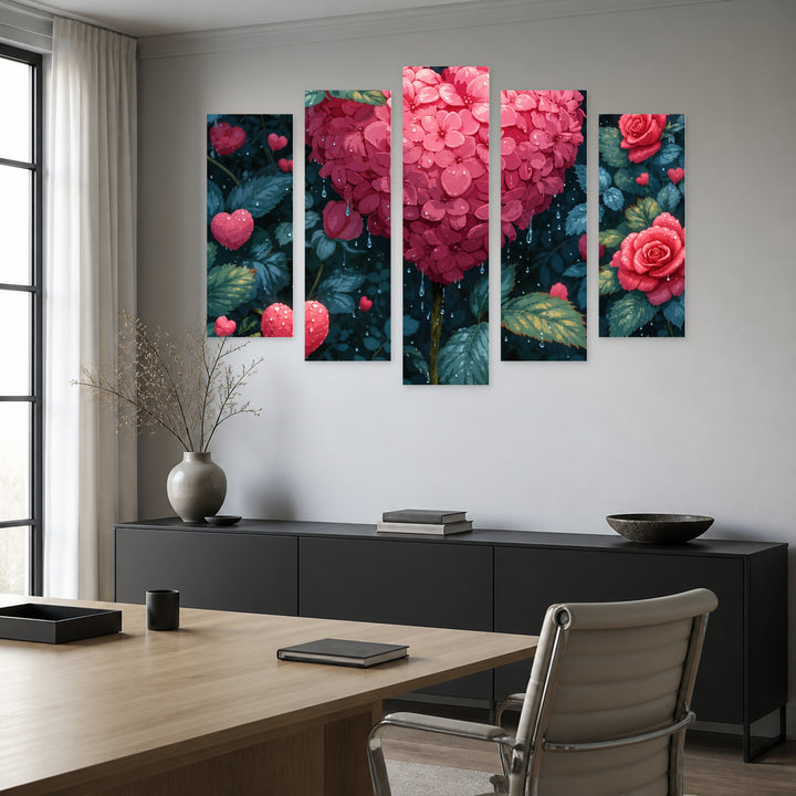 Pink Heart: a Wreath of Passion Modern Composition — five-panel wall art in frontal interior | 5wallart 57824 M3