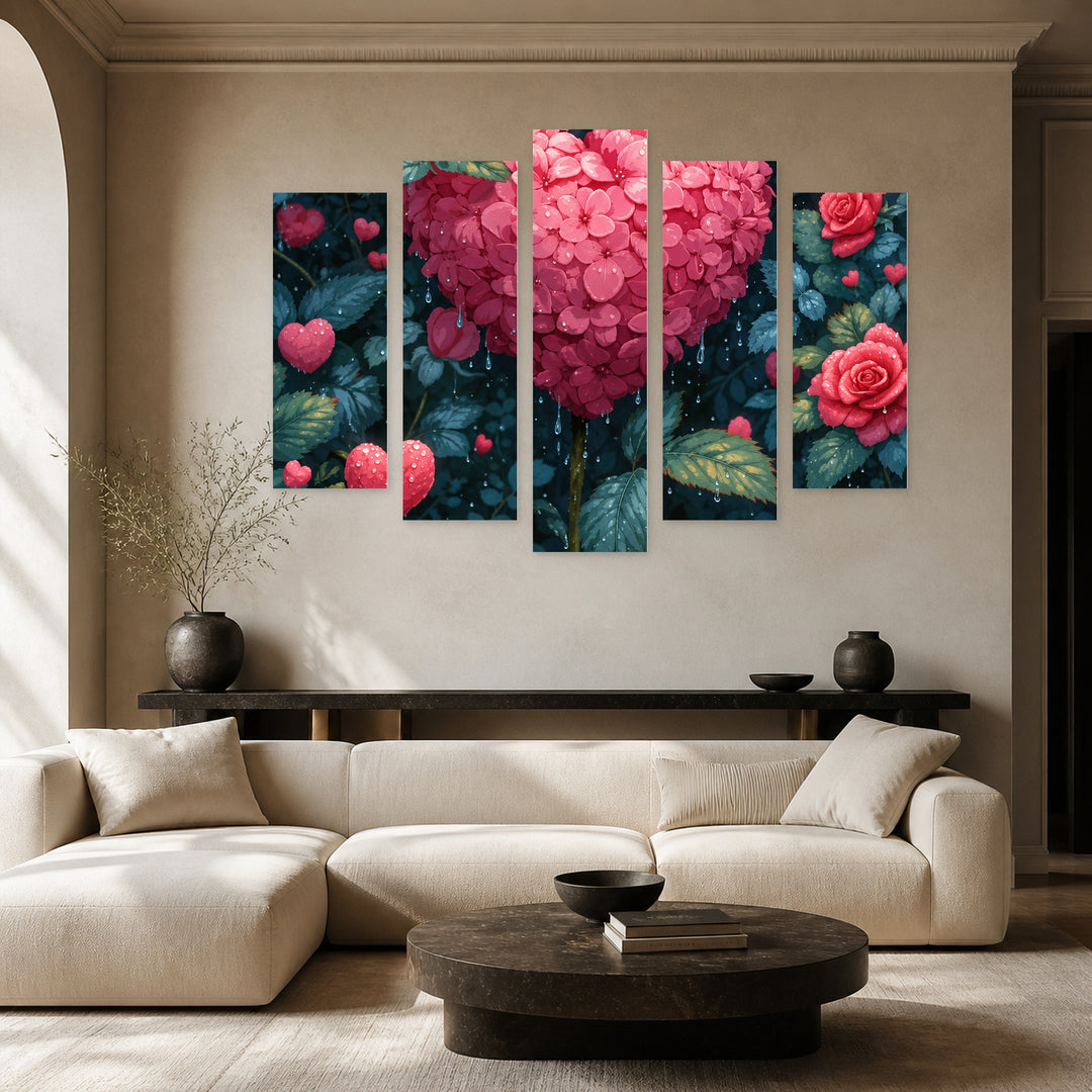 Pink Heart: a Wreath of Passion Modern Composition — five-panel wall art in alternate frontal interior | 5wallart 57824 M4