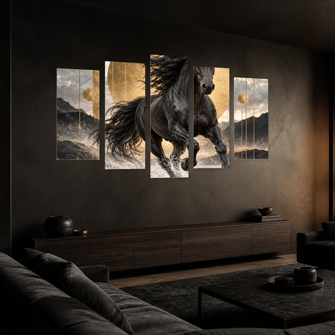 Untamed Power with Geometric Rhythm — five-panel wall art in perspective interior | 5wallart 57825 M2