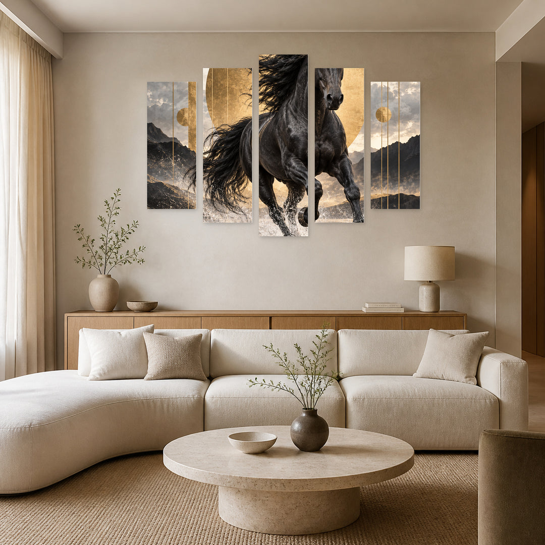 Untamed Power with Geometric Rhythm — five-panel wall art in frontal interior | 5wallart 57825 M3