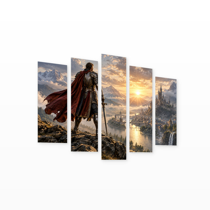 Hero in Armor with Geometric Rhythm — five-panel wall art on white background in perspective | 5wallart 57826 M1