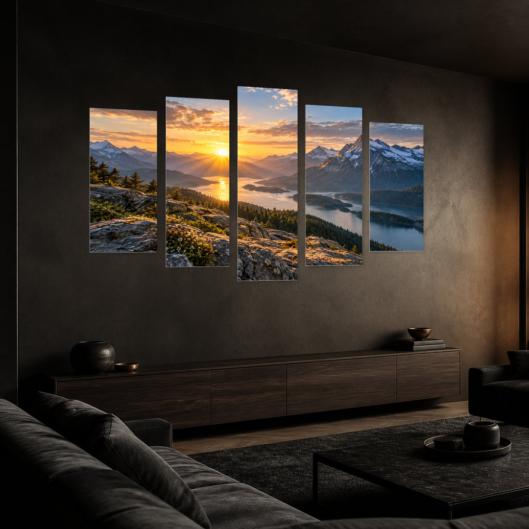 Light and Power with Geometric Rhythm — five-panel wall art in perspective interior | 5wallart 57827 M2