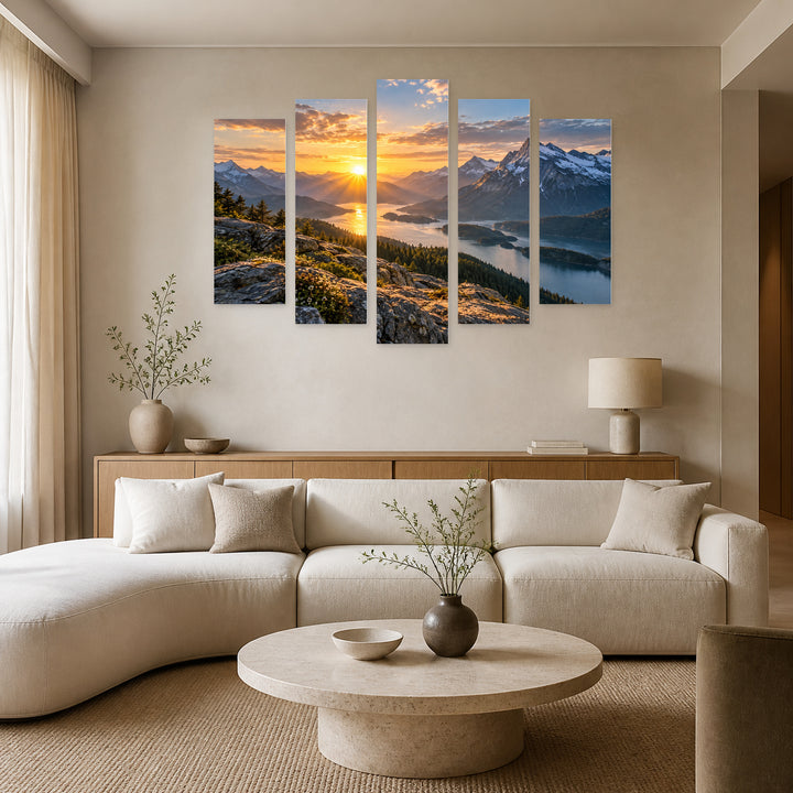 Light and Power with Geometric Rhythm — five-panel wall art in frontal interior | 5wallart 57827 M3