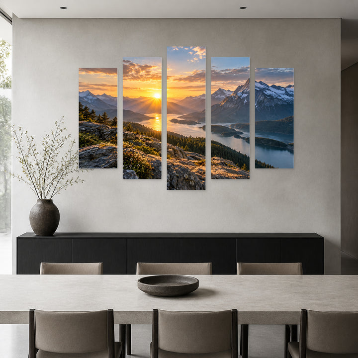 Light and Power with Geometric Rhythm — five-panel wall art in alternate frontal interior | 5wallart 57827 M4