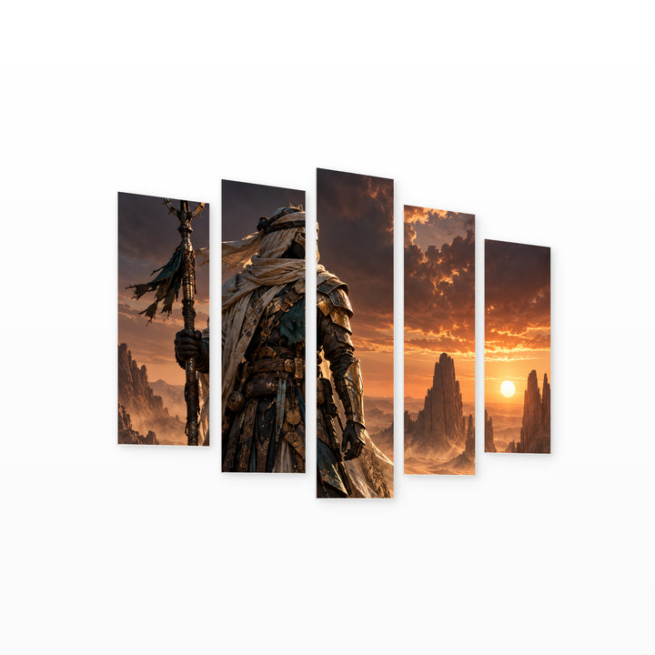 Armored Nomad with Dramatic Contrast — five-panel wall art on white background in perspective | 5wallart 57828 M1