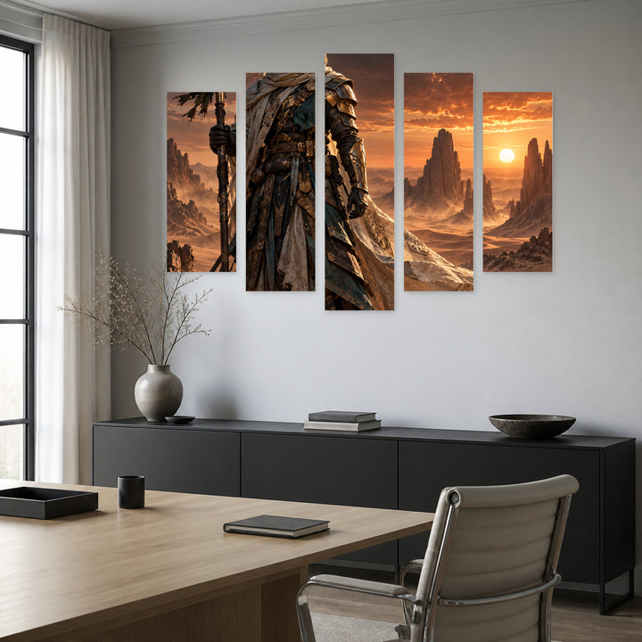 Armored Nomad with Dramatic Contrast — five-panel wall art in frontal interior | 5wallart 57828 M3