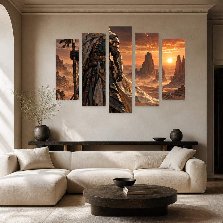 Armored Nomad with Dramatic Contrast — five-panel wall art in alternate frontal interior | 5wallart 57828 M4