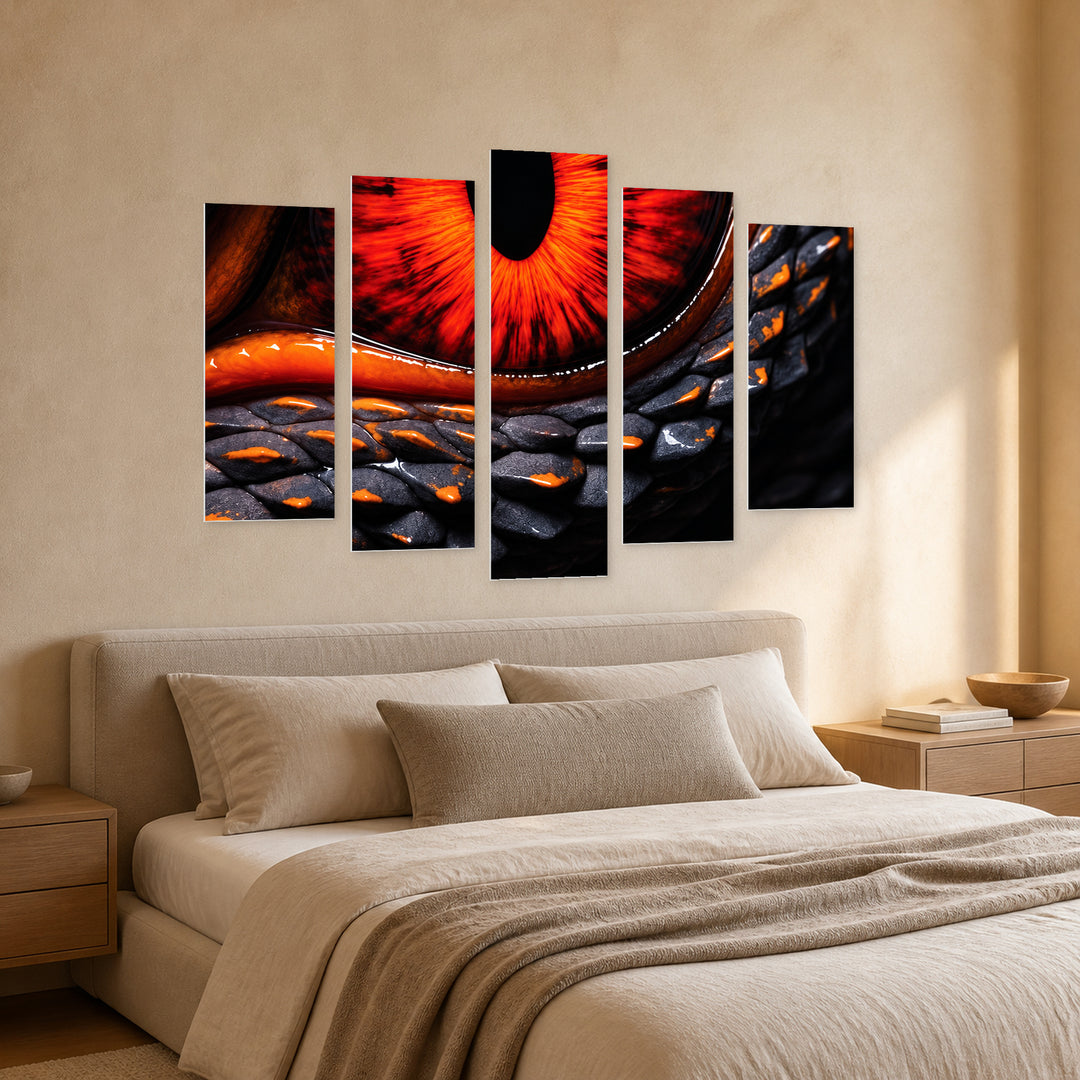 Fiery Gaze with Dramatic Contrast — five-panel wall art in perspective interior | 5wallart 57831 M2