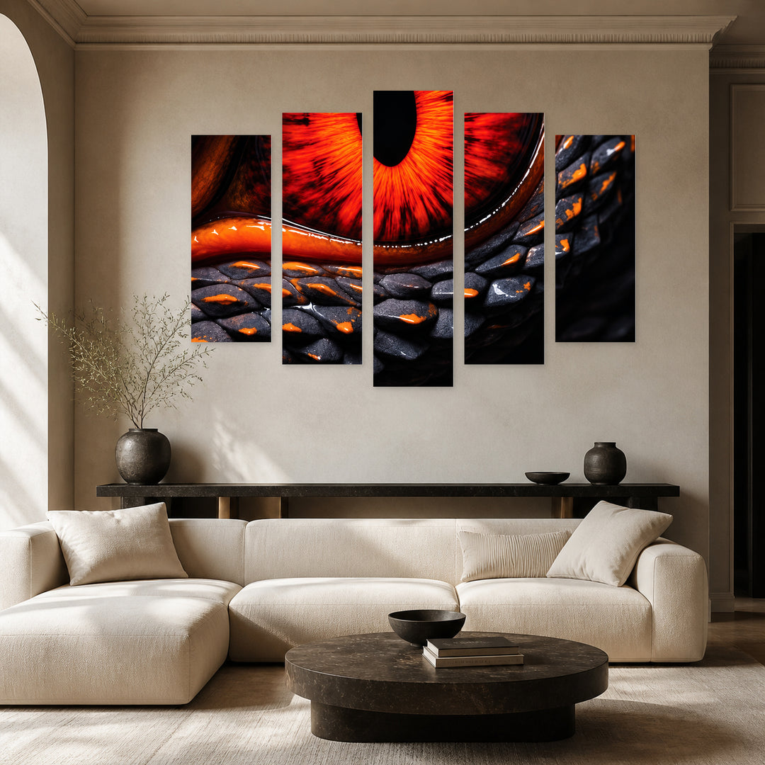Fiery Gaze with Dramatic Contrast — five-panel wall art in frontal interior | 5wallart 57831 M3