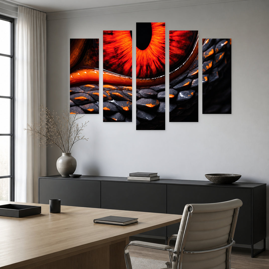 Fiery Gaze with Dramatic Contrast — five-panel wall art in alternate frontal interior | 5wallart 57831 M4
