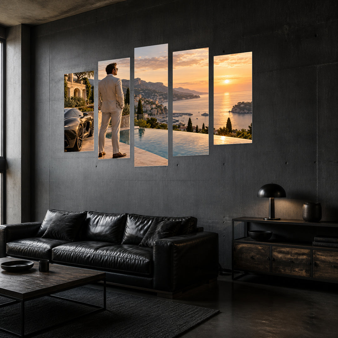 Millionaire Magnate in Serene Light — five-panel wall art in perspective interior | 5wallart 57832 M2
