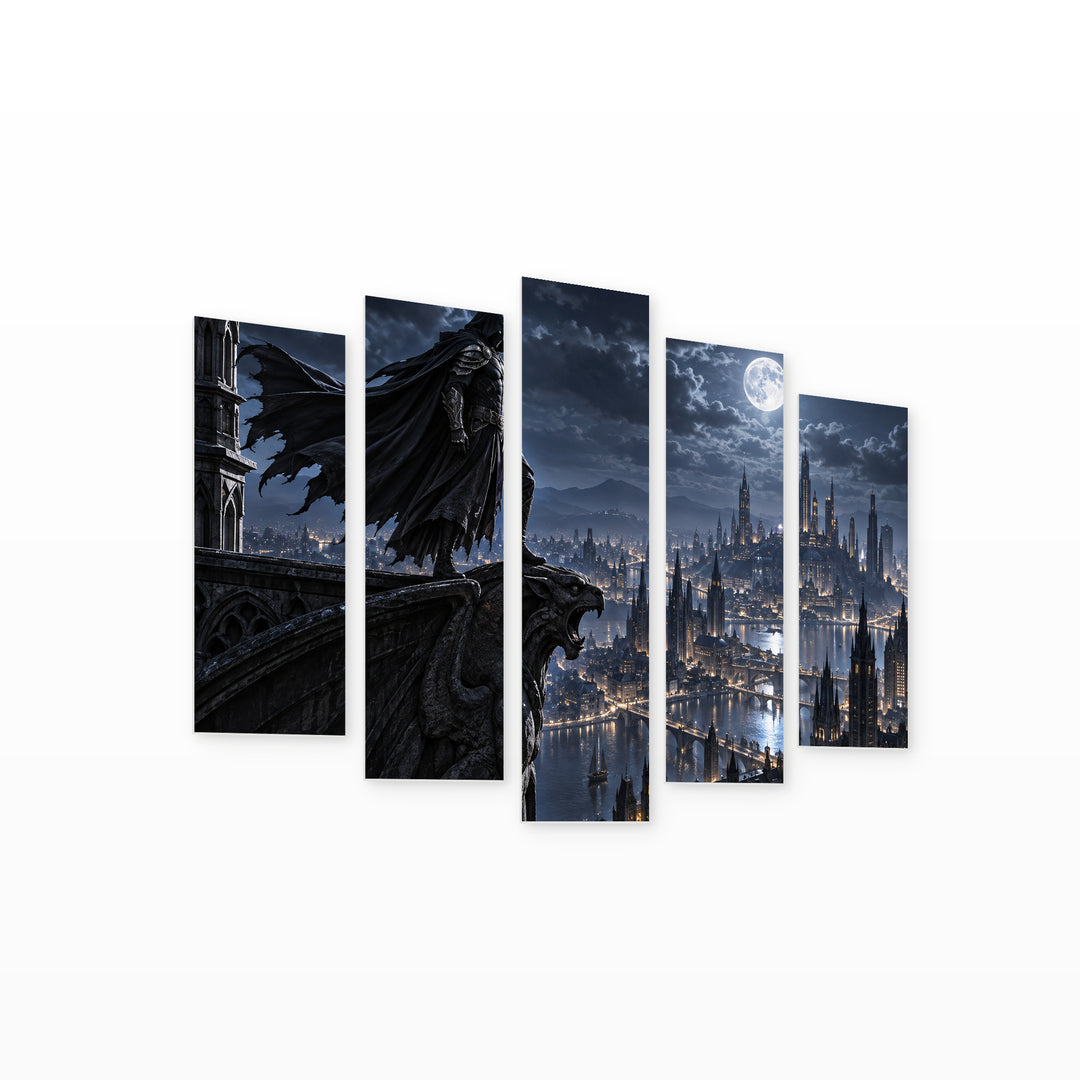 Guardian of the Metropolis at Night — five-panel wall art on white background in perspective | 5wallart 57833 M1