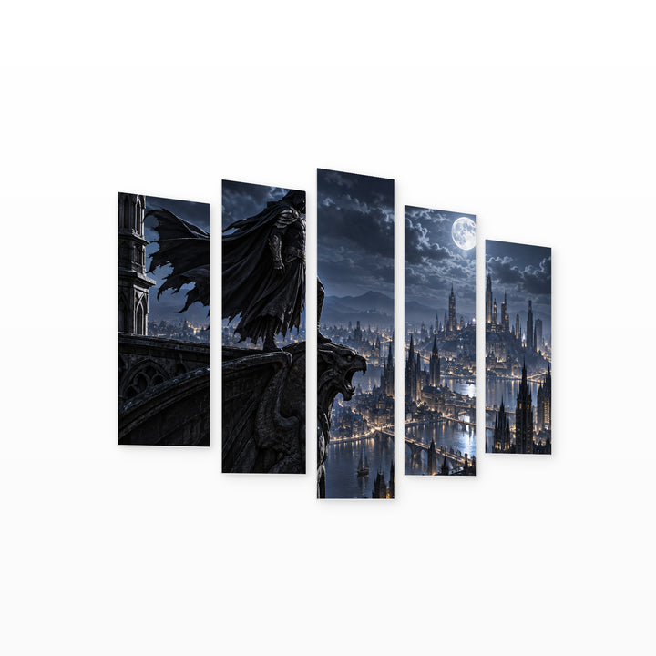Guardian of the Metropolis at Night — five-panel wall art on white background in perspective | 5wallart 57833 M1