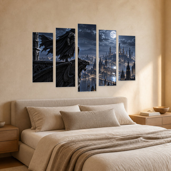 Guardian of the Metropolis at Night — five-panel wall art in perspective interior | 5wallart 57833 M2