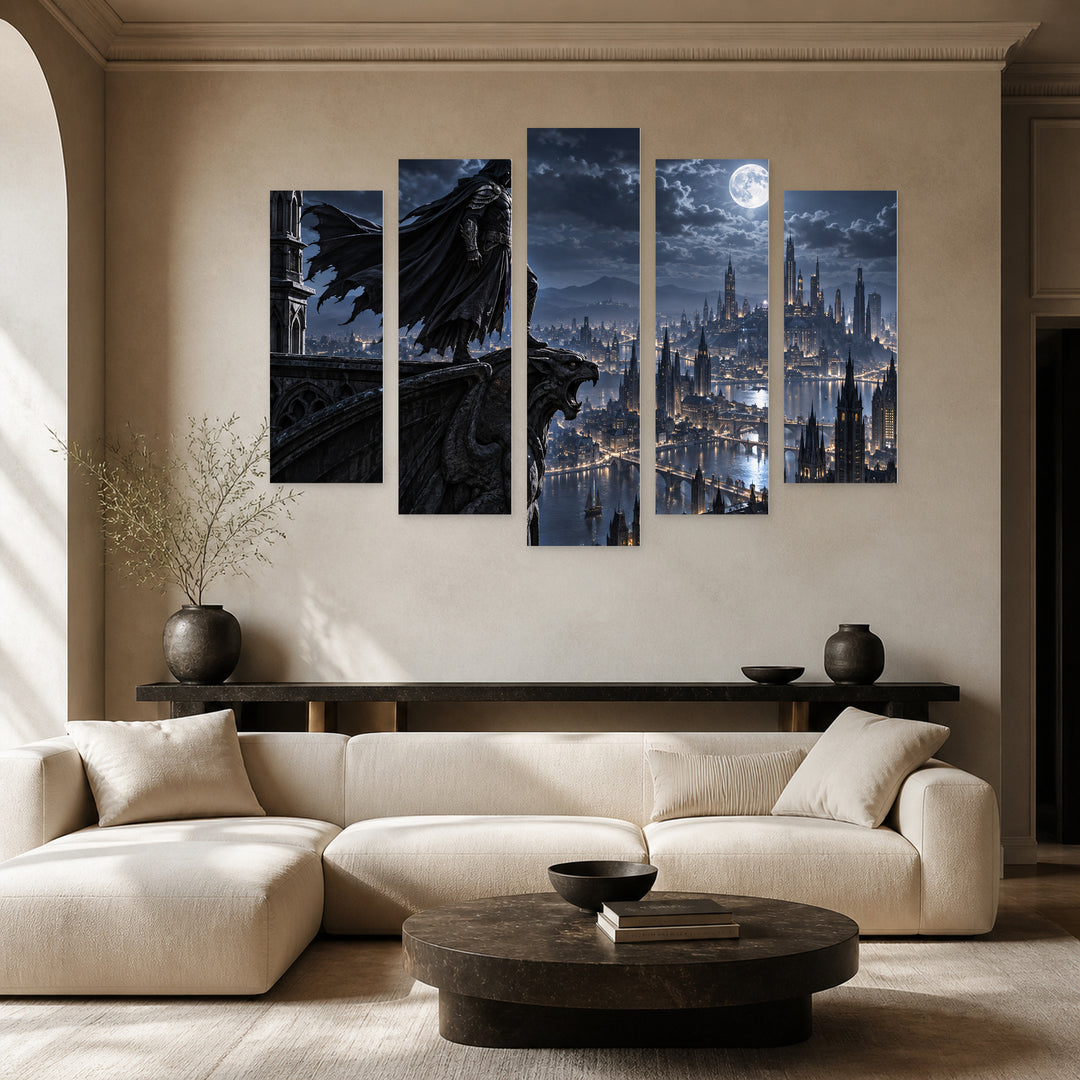 Guardian of the Metropolis at Night — five-panel wall art in frontal interior | 5wallart 57833 M3