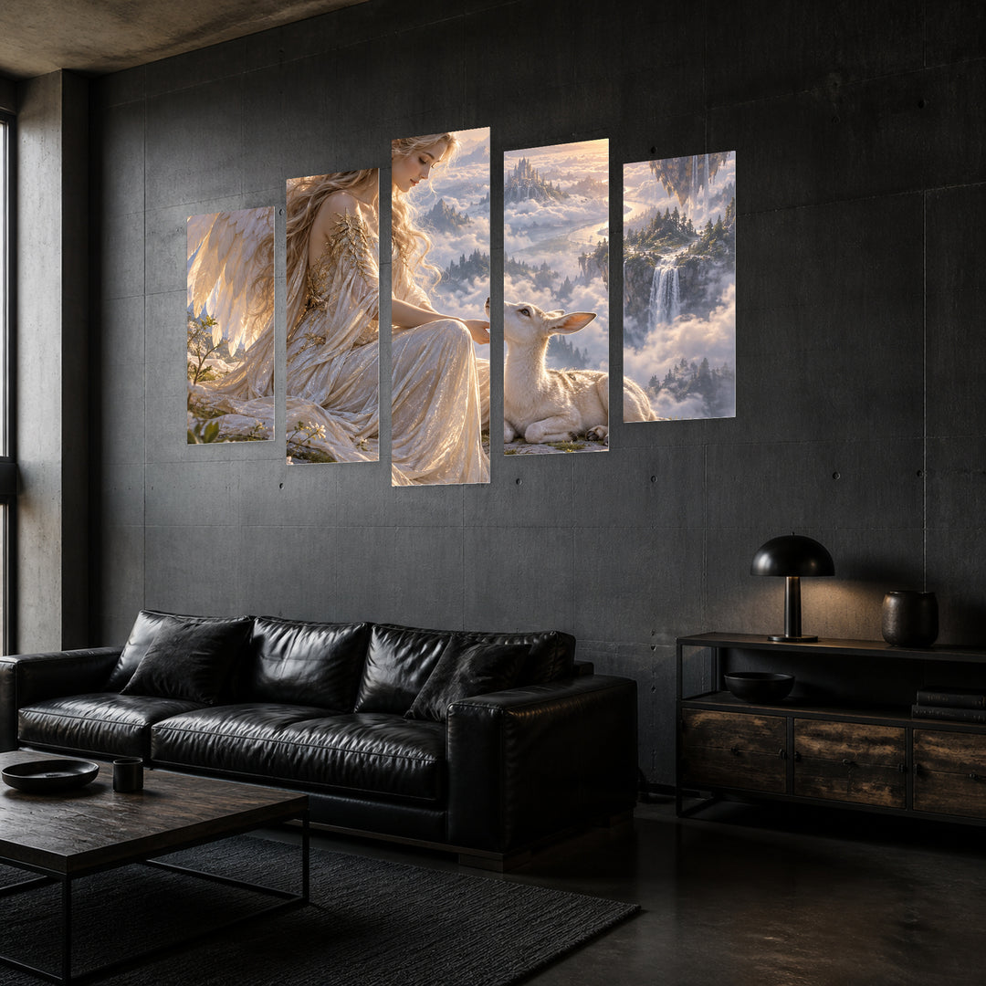 Guardian of Hope with Dreamlike Atmosphere — five-panel wall art in perspective interior | 5wallart 57834 M2