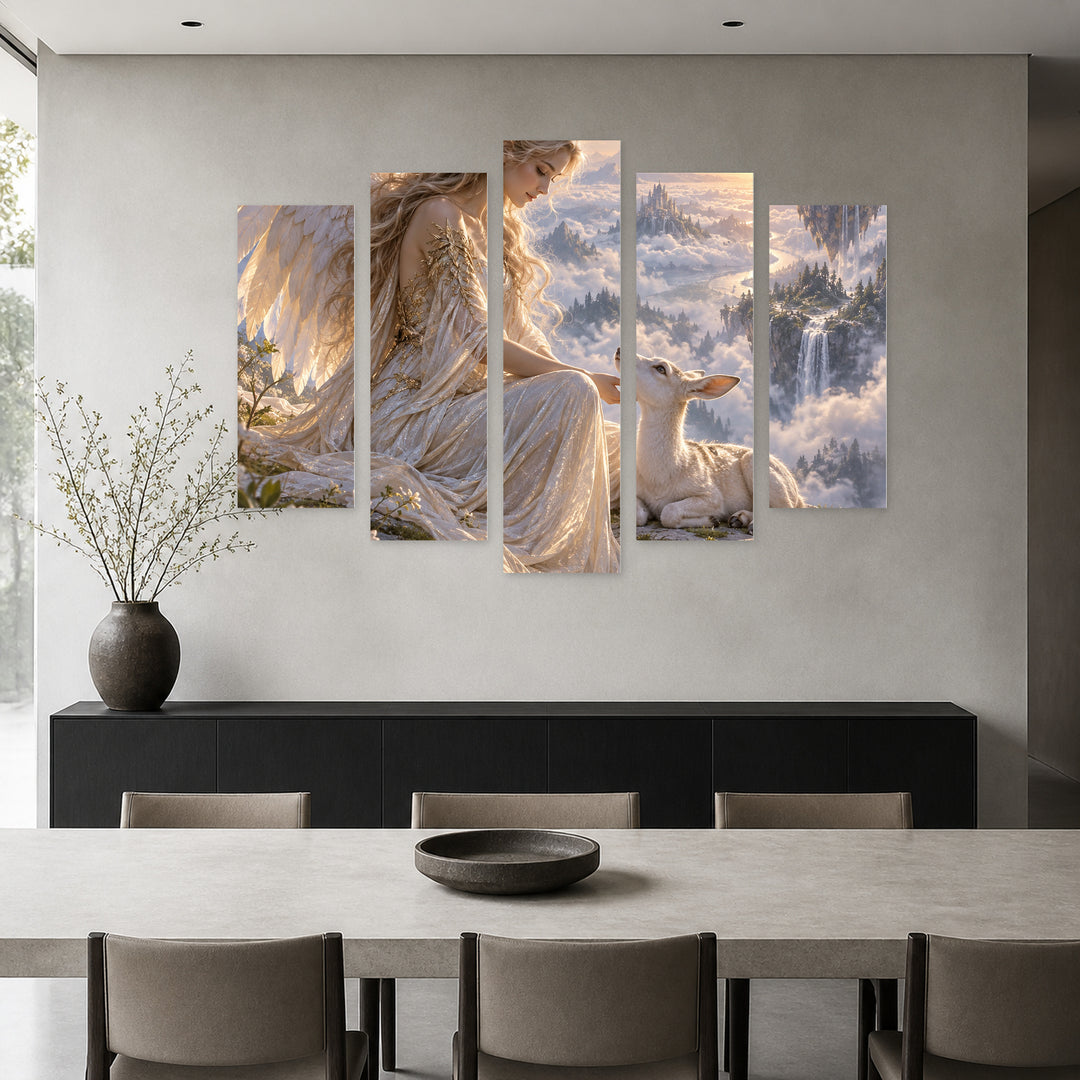 Guardian of Hope with Dreamlike Atmosphere — five-panel wall art in frontal interior | 5wallart 57834 M3