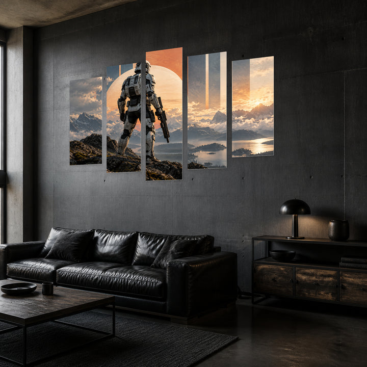 Trooper with Geometric Rhythm — five-panel wall art in perspective interior | 5wallart 57836 M2