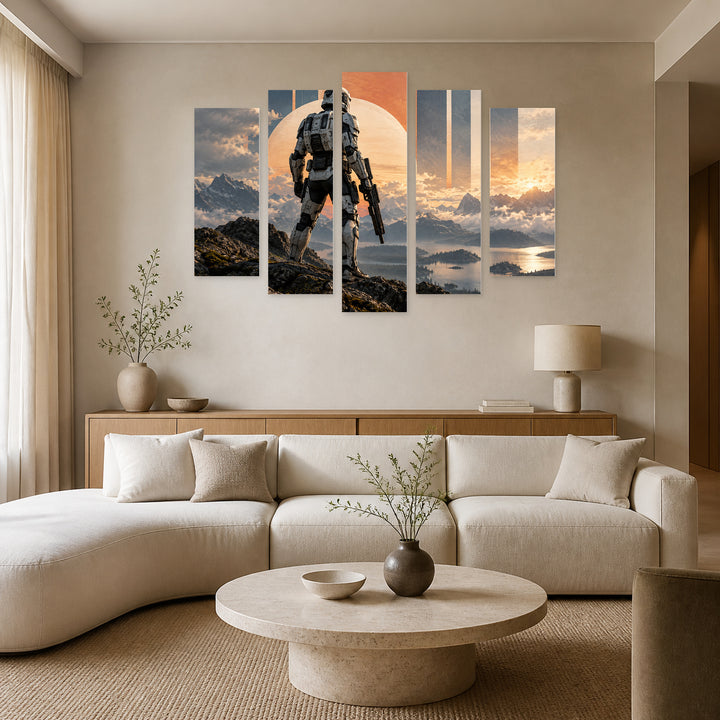Trooper with Geometric Rhythm — five-panel wall art in alternate frontal interior | 5wallart 57836 M4