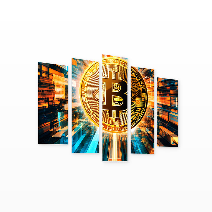 Bitcoin Phenomenon in Vivid Color — five-panel wall art on white background in perspective | 5wallart 57839 M1